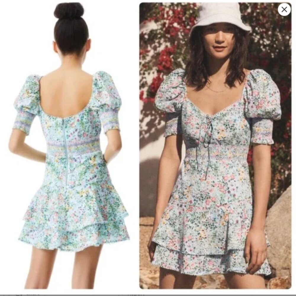 Alice + Olivia Crawford Blue Floral Puff Sleeve Dress Sz 6 - Picture 4 of 6